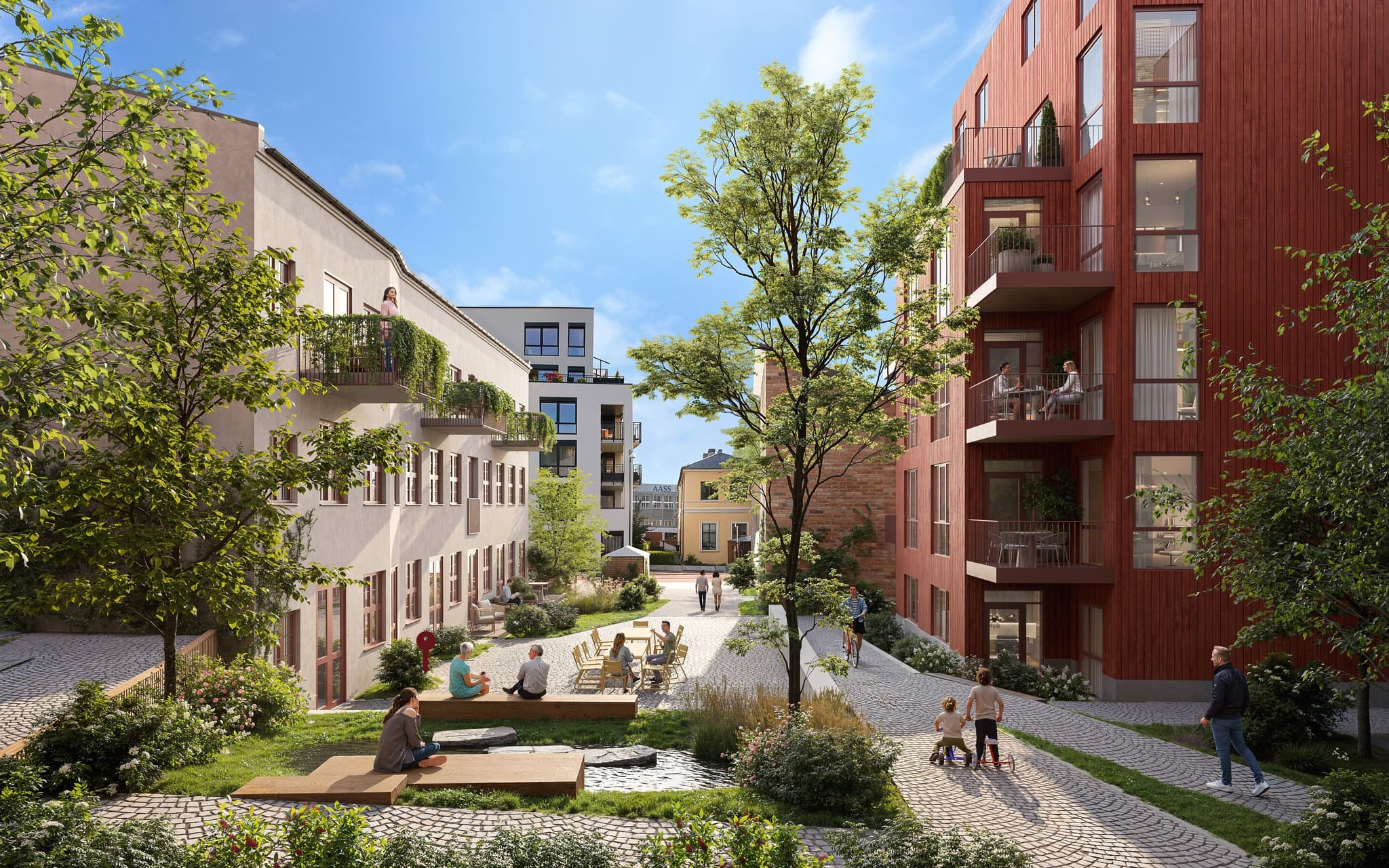 Bakgården: Et lunt og grønt pusterom – midt i byen. Et sted for lek, latter og hyggelige nabomøter.